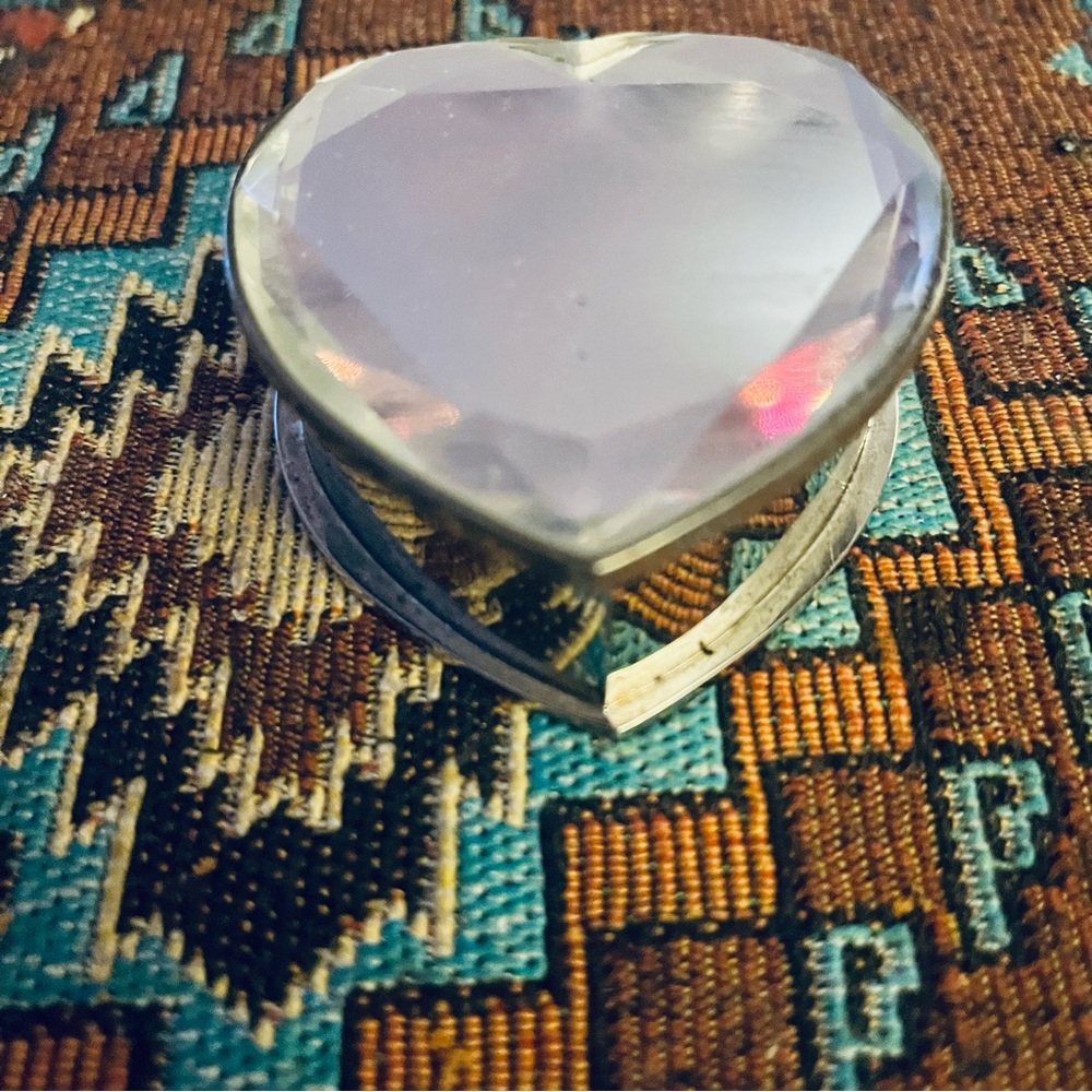 Beveled Mirrored Heart Shaped Hinged Box Silver With Black Padded Velvet Opens
